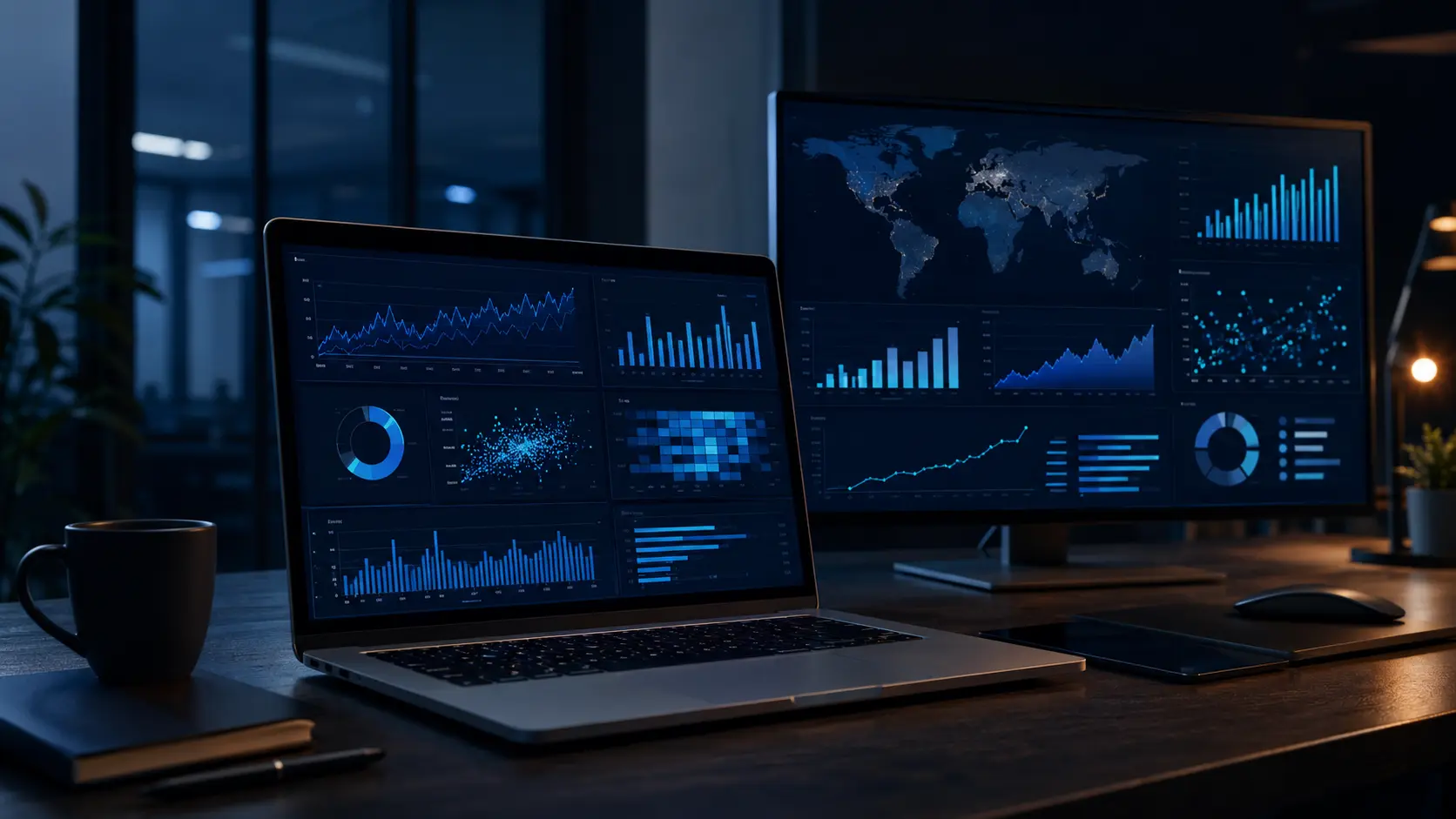 Σύγχρονο περιβάλλον Data Analytics και Business Intelligence με οθόνες αναλυτικών dashboards
